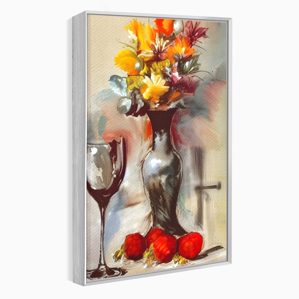 Tablou canvas cu pictura cu vaza, flori si pahar de vin, in rama de aluminiu argintiu