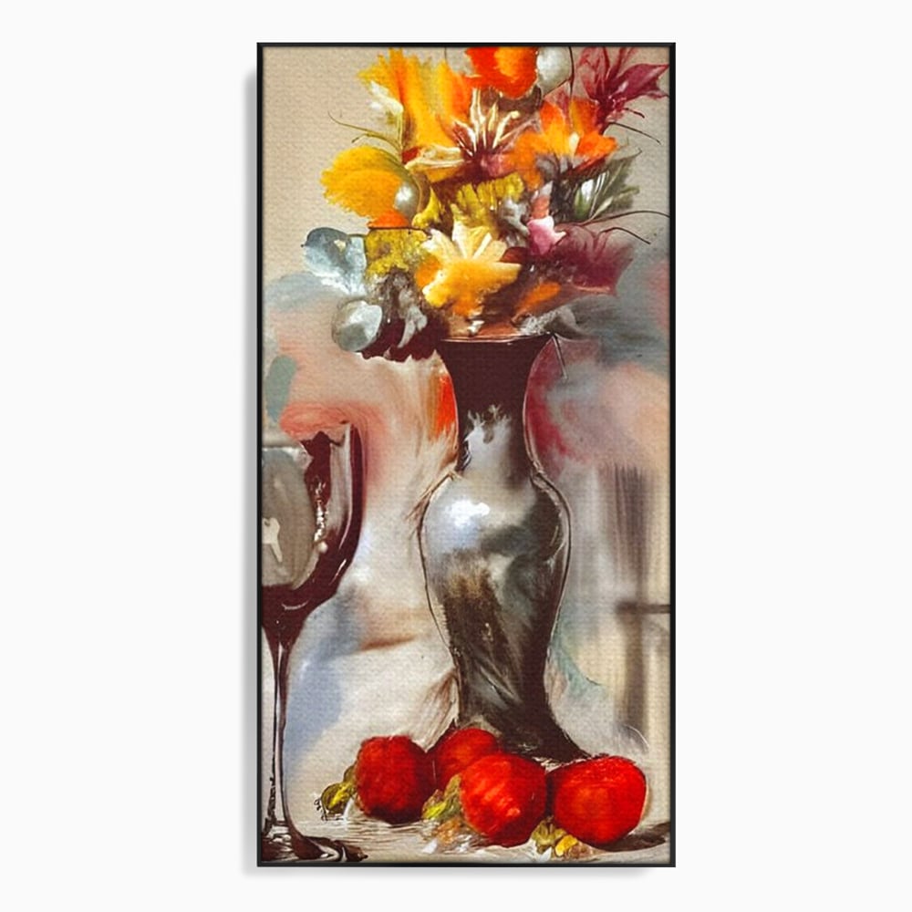 Tablou canvas cu pictura cu vaza, flori si pahar de vin, in rama de aluminiu negru