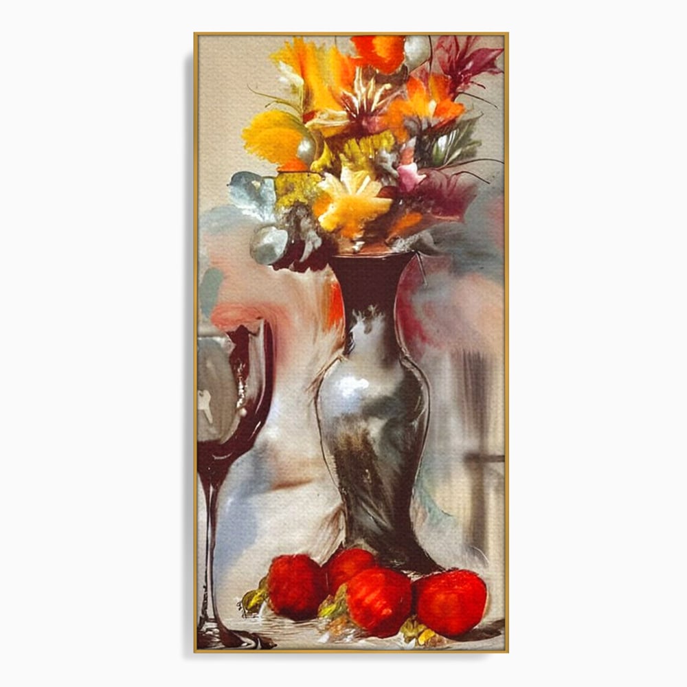 Tablou canvas cu pictura cu vaza, flori si pahar de vin, in rama de aluminiu auriu
