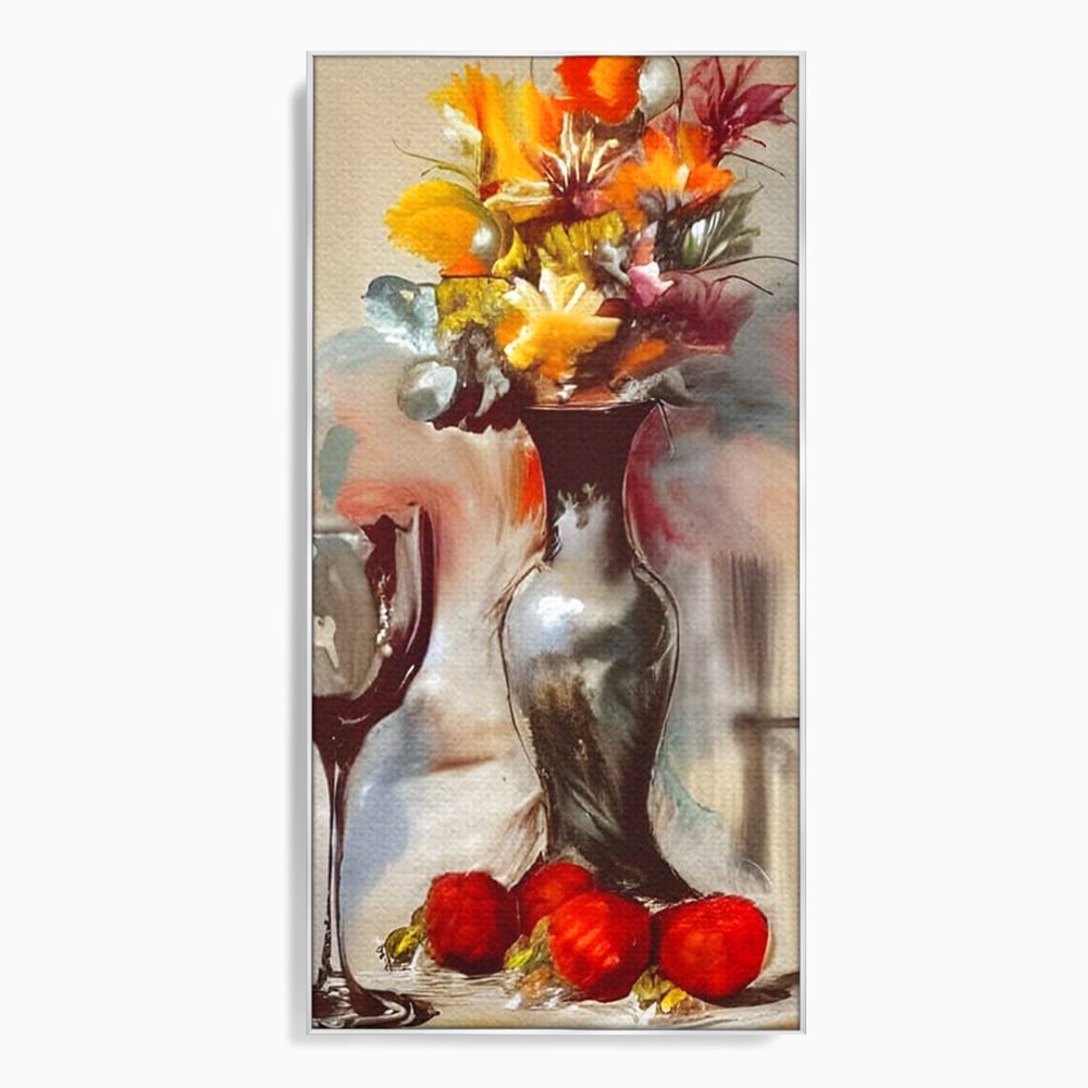 Tablou canvas cu pictura cu vaza, flori si pahar de vin, in rama de aluminiu argintiu