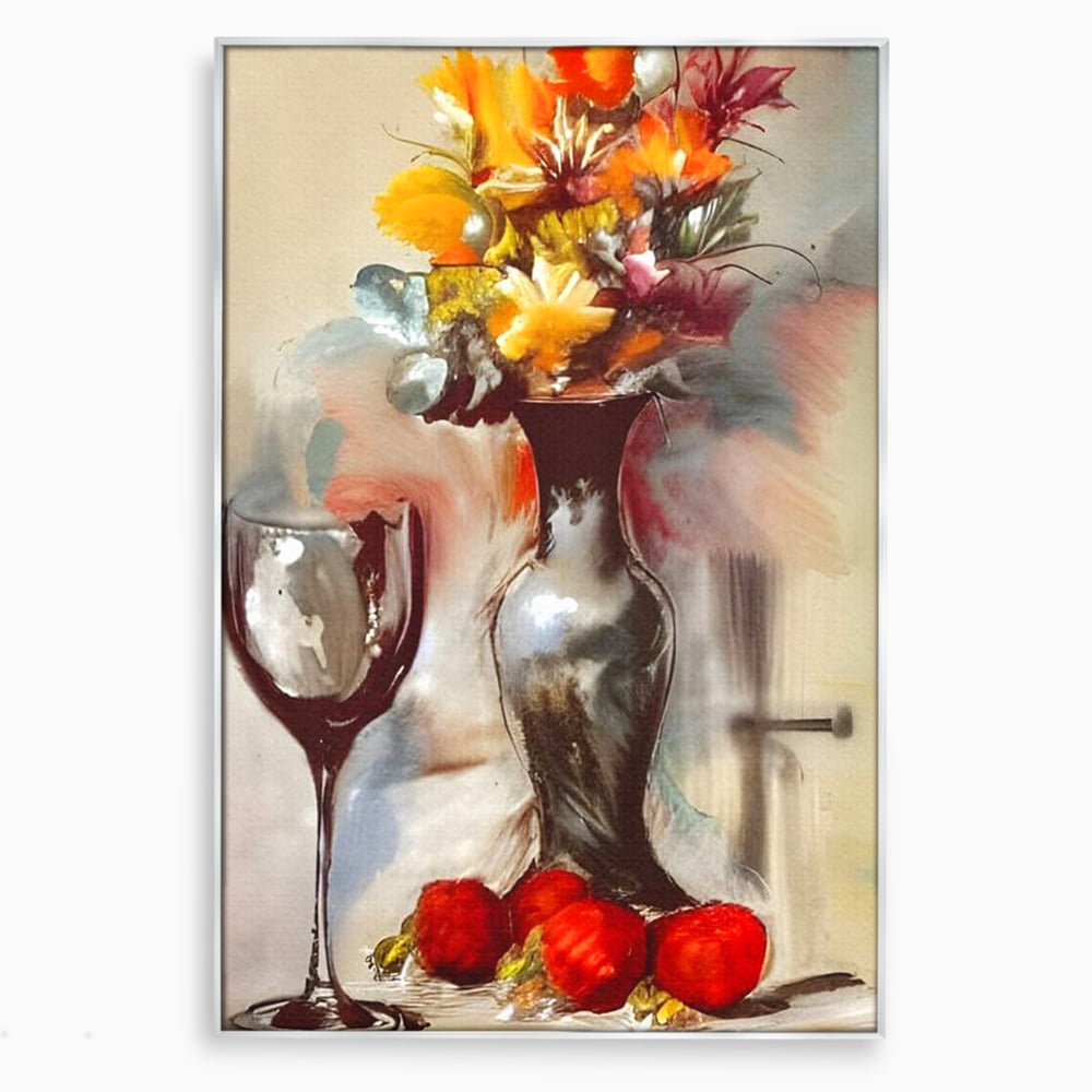 Tablou canvas cu pictura cu vaza, flori si pahar de vin, in rama de aluminiu argintiu