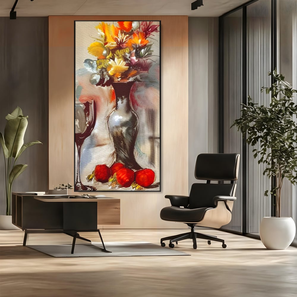 Tablou canvas cu pictura cu vaza, flori si pahar de vin, in rama de aluminiu negru, pe perete intr-un birou