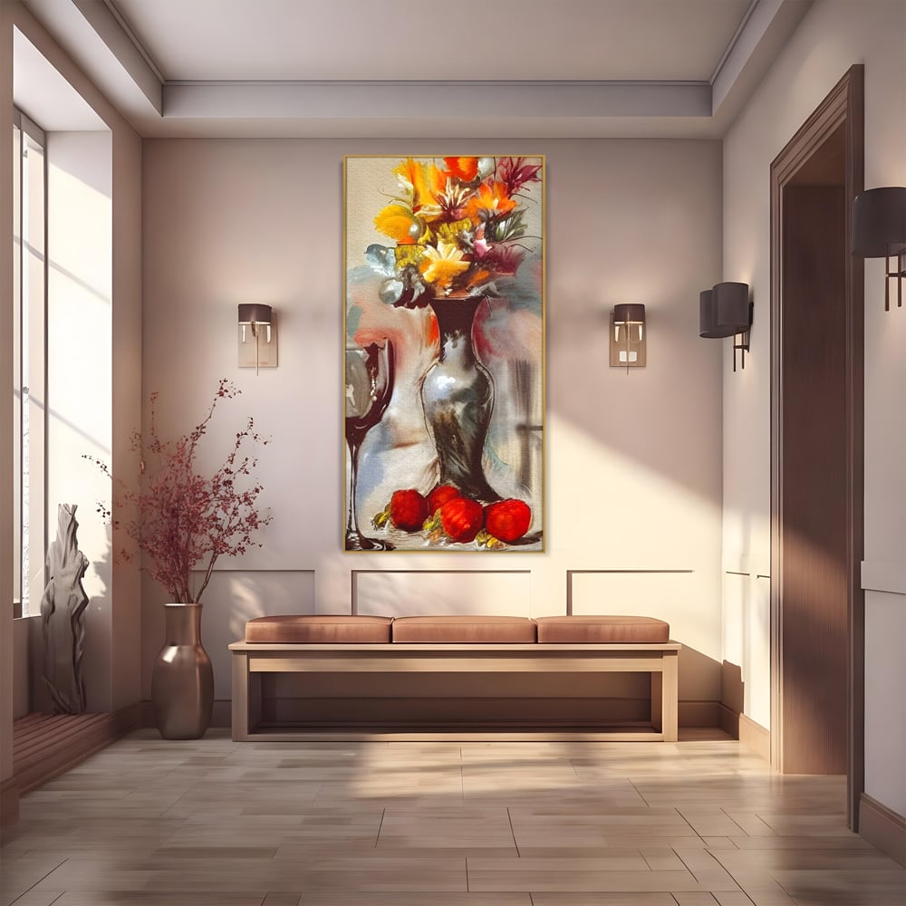 Tablou canvas cu pictura cu vaza, flori si pahar de vin, in rama de aluminiu auriu
