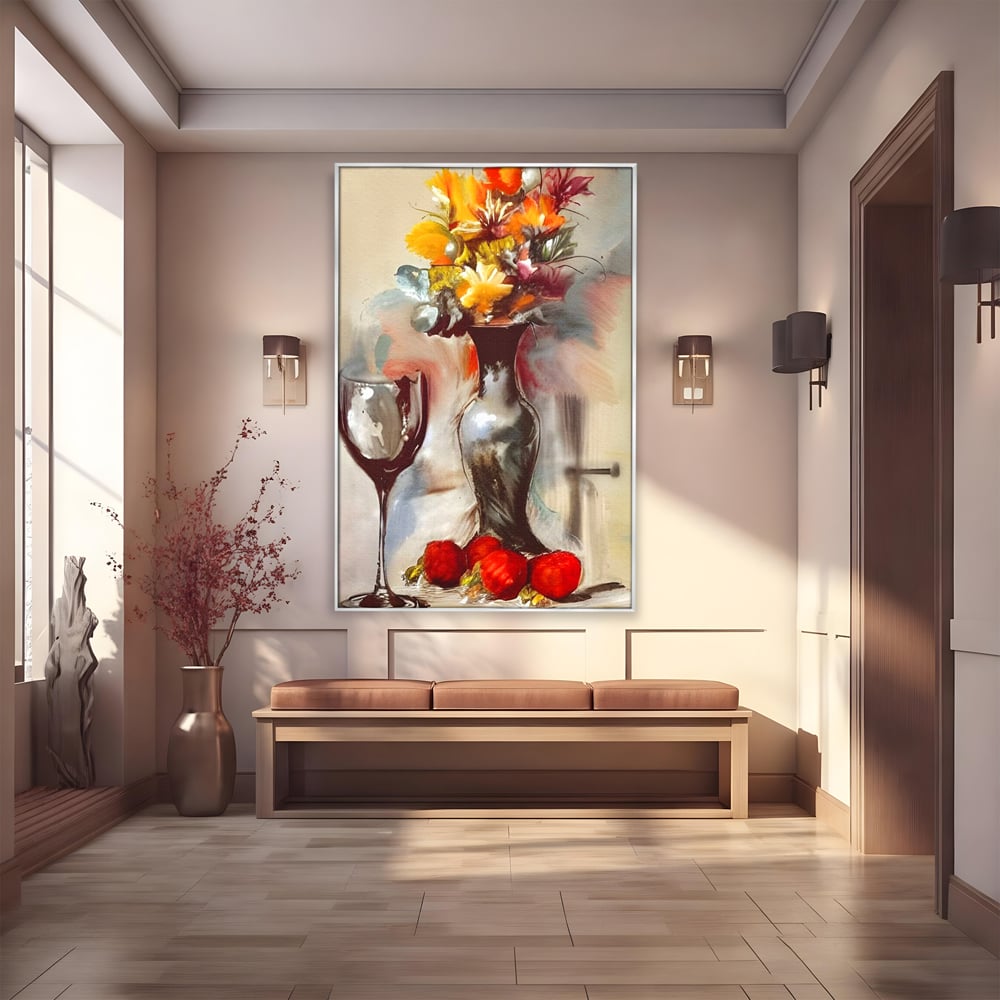 Tablou canvas cu pictura cu vaza, flori si pahar de vin, in rama de aluminiu argintiu