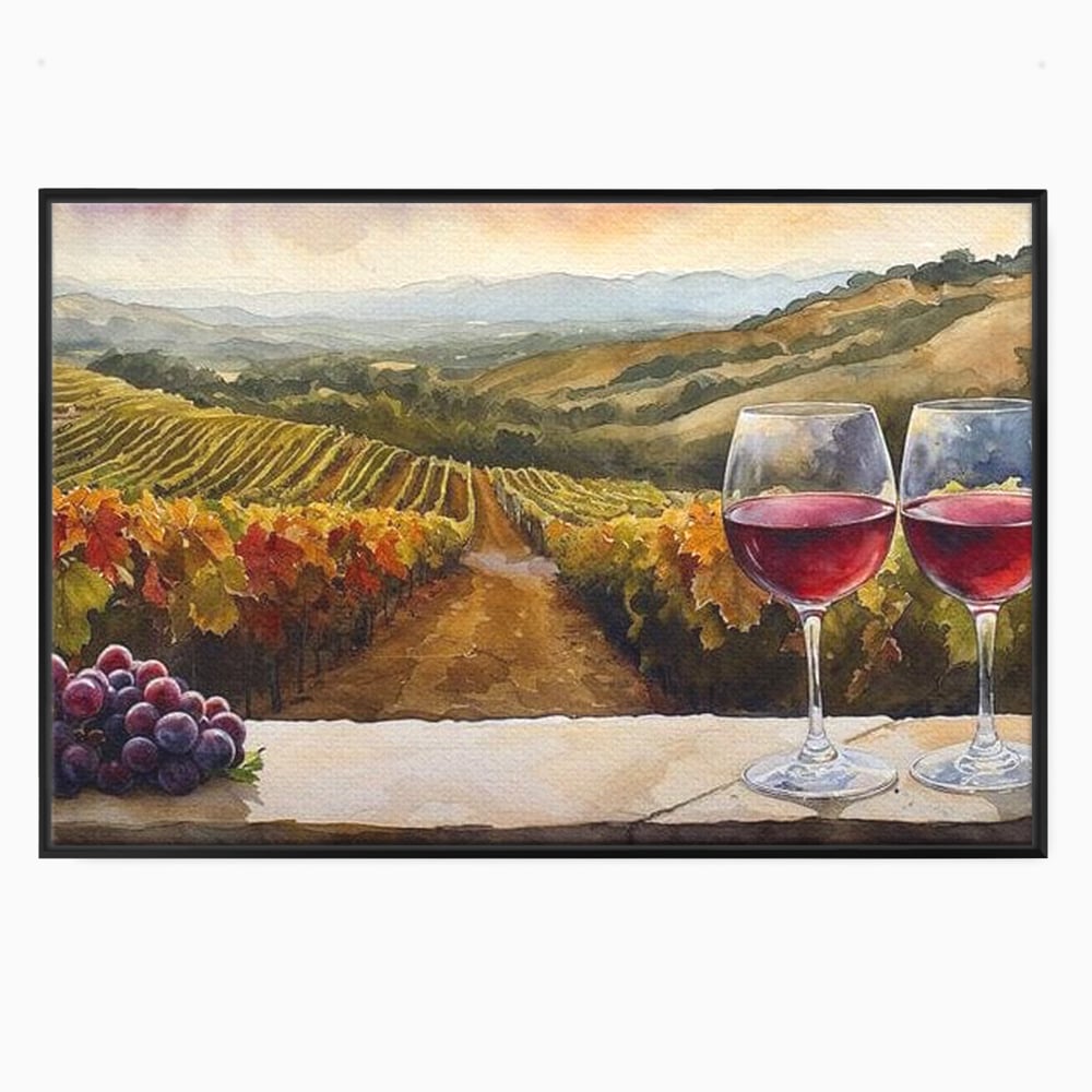 Tablou canvas cu tablou canvas cu peisaj viticol si pahare de vin, in rama de aluminiu negru