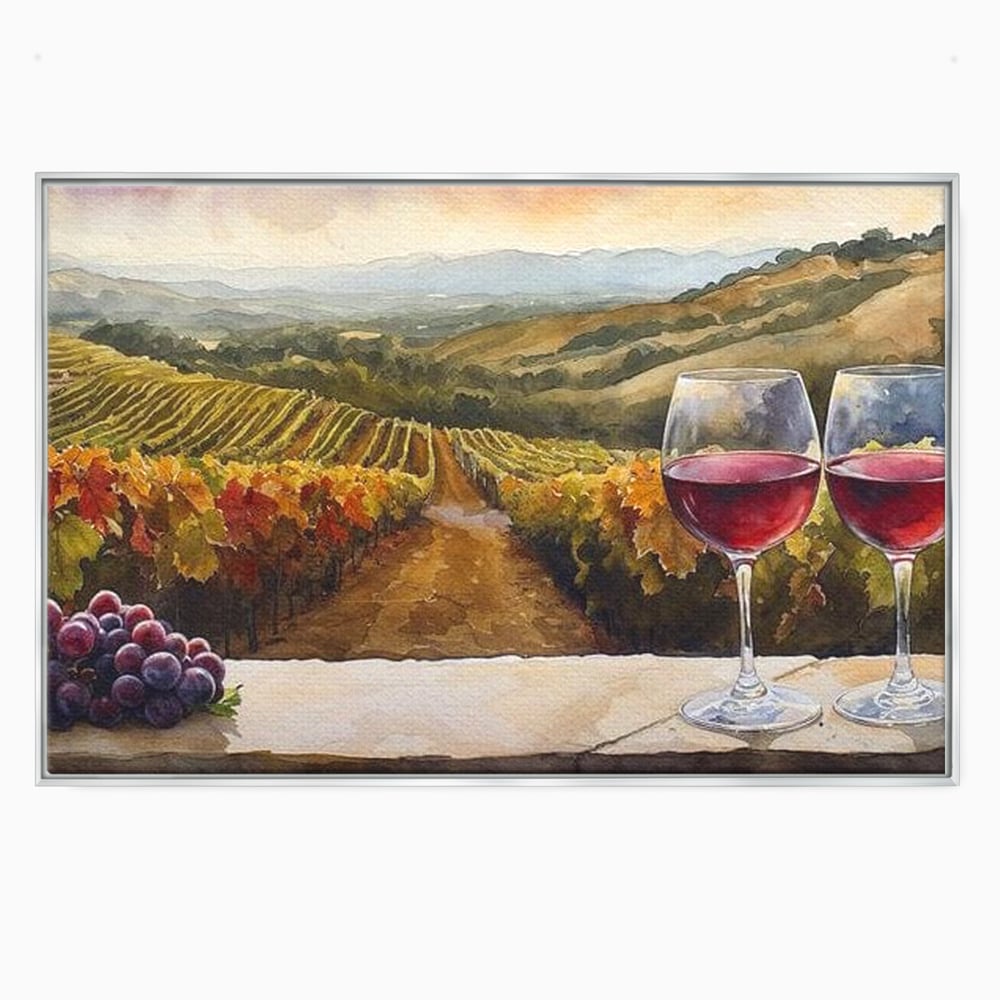 Tablou canvas cu tablou canvas cu peisaj viticol si pahare de vin, in rama de aluminiu argintiu