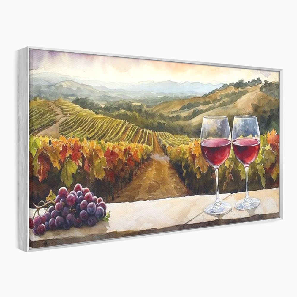 Tablou canvas cu tablou canvas cu peisaj viticol si pahare de vin, in rama de aluminiu argintiu