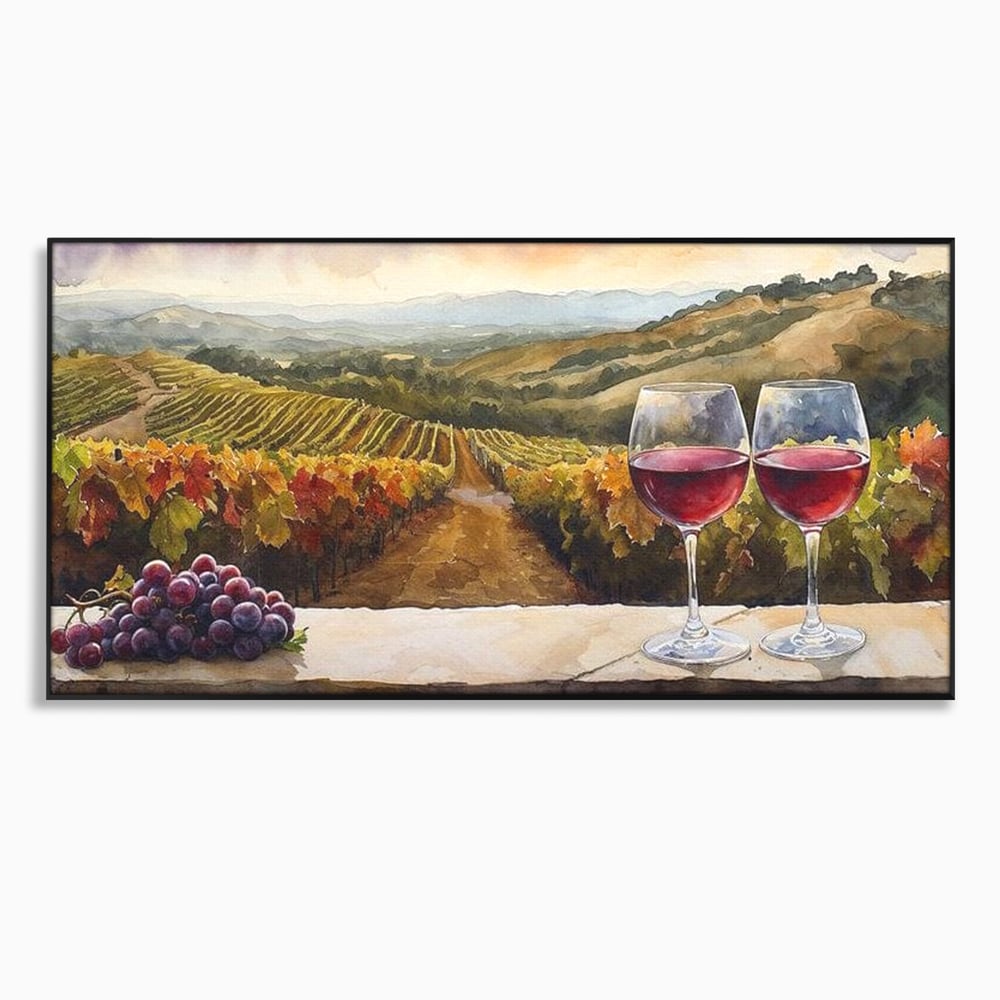 Tablou canvas cu tablou canvas cu peisaj viticol si pahare de vin, in rama de aluminiu negru