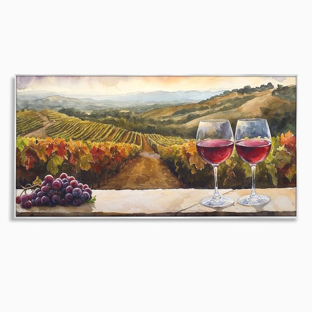 Tablou canvas cu tablou canvas cu peisaj viticol si pahare de vin, in rama de aluminiu argintiu