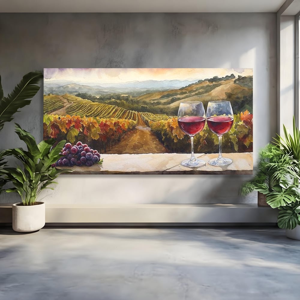 Tablou canvas cu tablou canvas cu peisaj viticol si pahare de vin, fara rama, pe sasiu de lemn