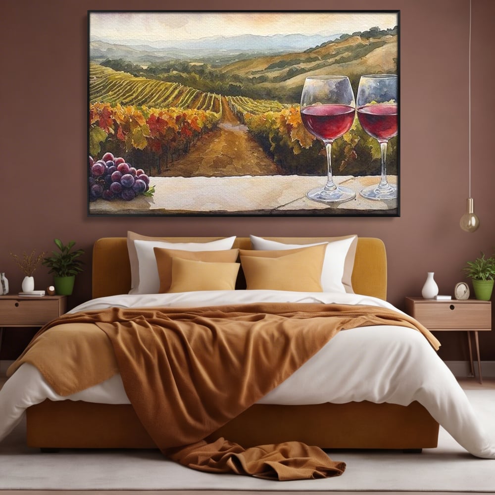 Tablou canvas cu tablou canvas cu peisaj viticol si pahare de vin, in rama de aluminiu negru, pe perete intr-un dormitor