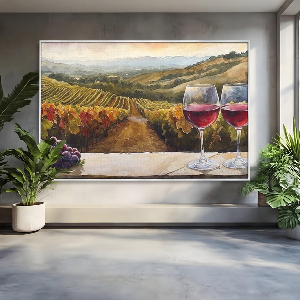 Tablou canvas cu tablou canvas cu peisaj viticol si pahare de vin, in rama de aluminiu argintiu