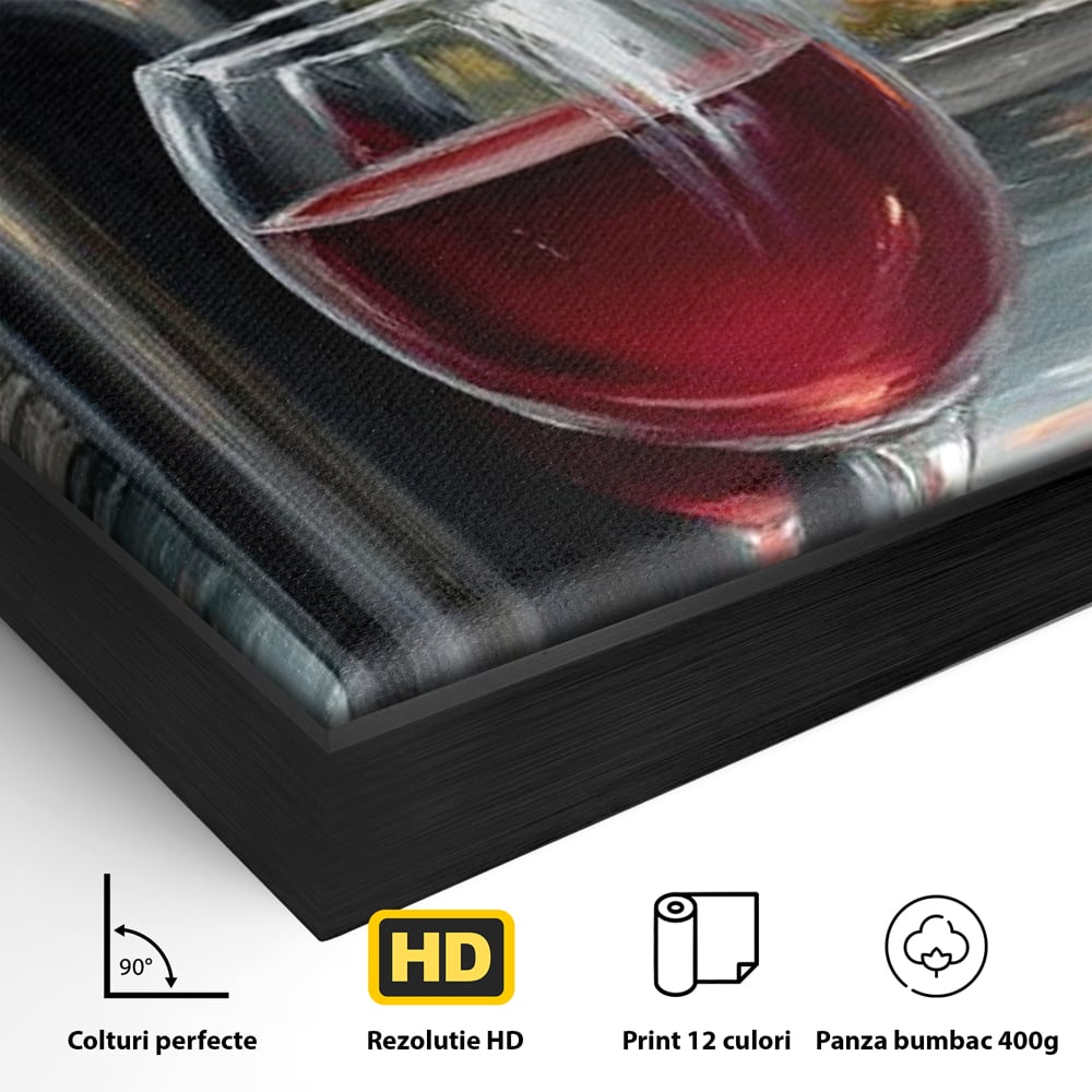 Detaliu al suprafetei: pictura cu sticla de vin si oras, in rama de aluminiu negru