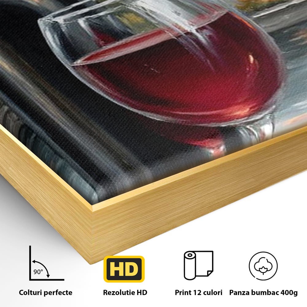 Detaliu al suprafetei: pictura cu sticla de vin si oras, in rama de aluminiu auriu