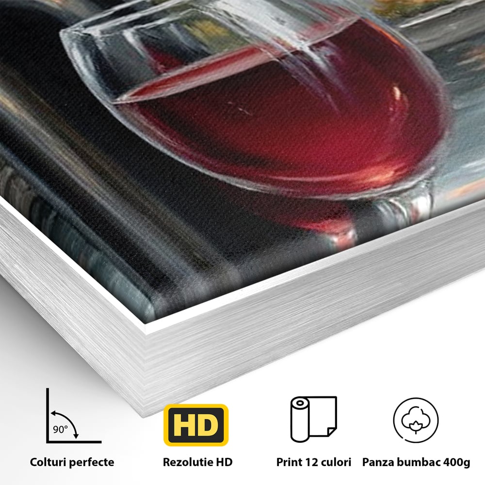 Detaliu al suprafetei: pictura cu sticla de vin si oras, in rama de aluminiu argintiu