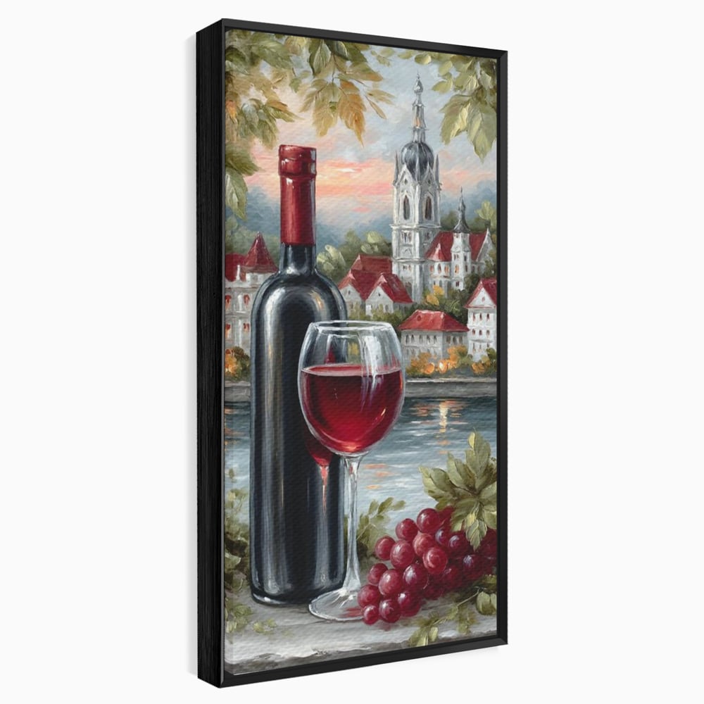 Tablou canvas cu pictura cu sticla de vin si oras, in rama de aluminiu negru
