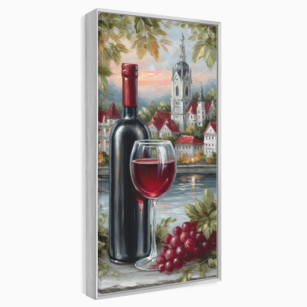 Tablou canvas cu pictura cu sticla de vin si oras, in rama de aluminiu argintiu