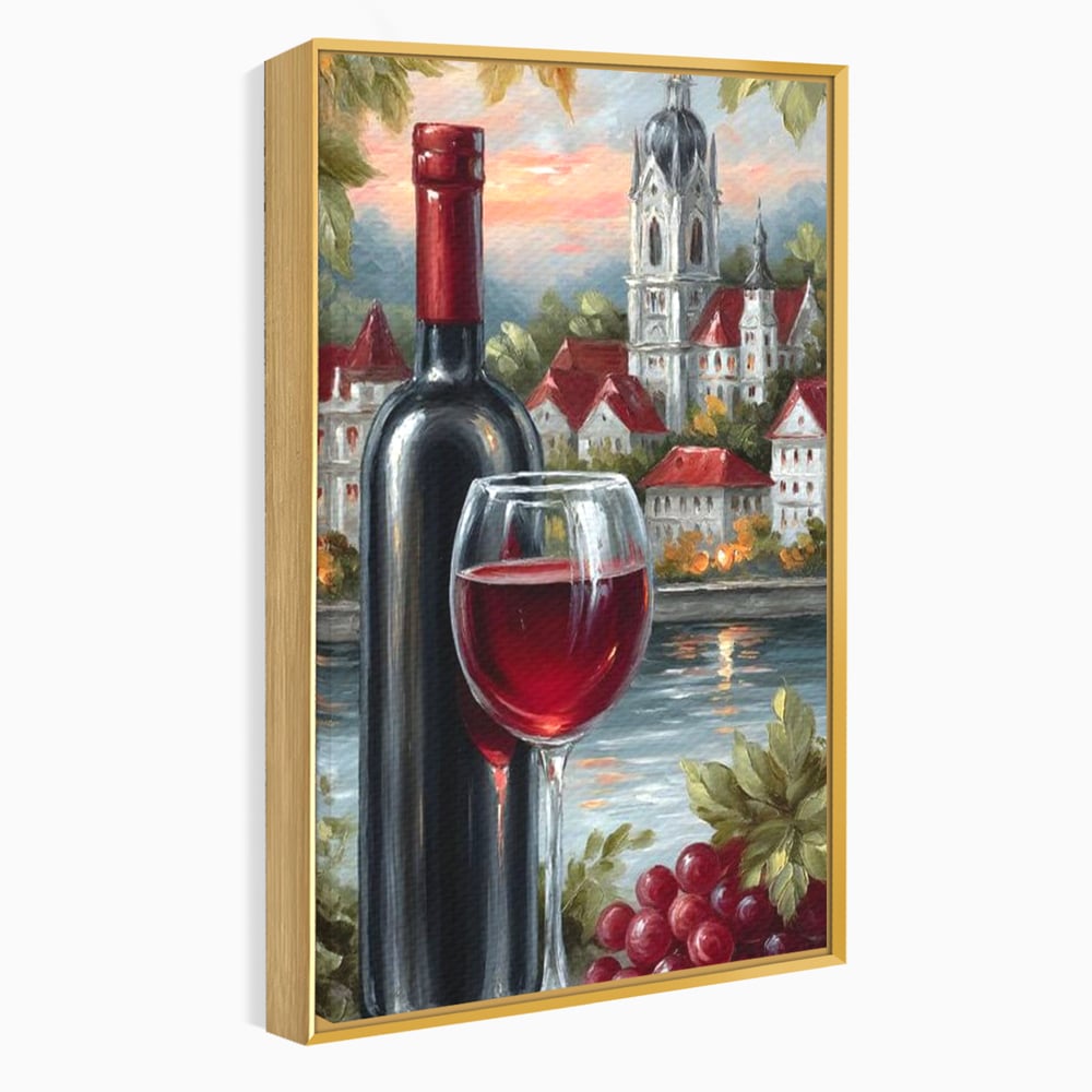 Tablou canvas cu pictura cu sticla de vin si oras, in rama de aluminiu auriu