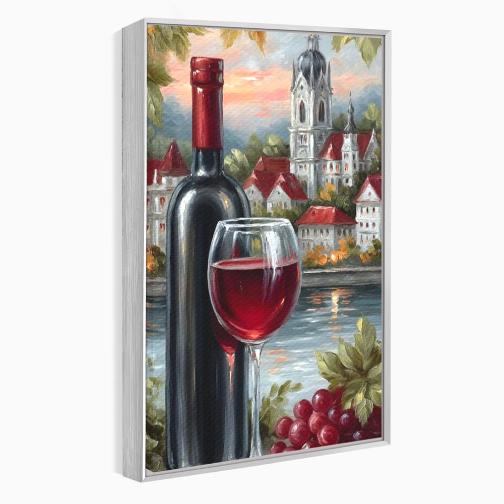 Tablou canvas cu pictura cu sticla de vin si oras, in rama de aluminiu argintiu