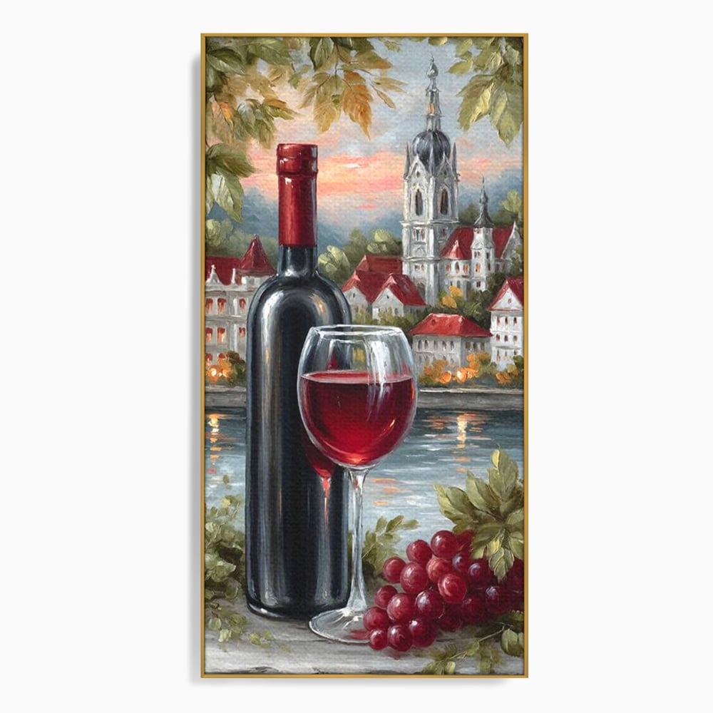 Tablou canvas cu pictura cu sticla de vin si oras, in rama de aluminiu auriu