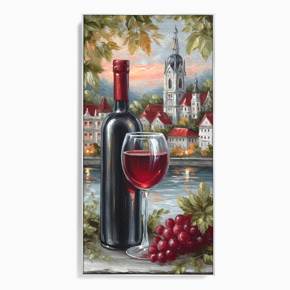 Tablou canvas cu pictura cu sticla de vin si oras, in rama de aluminiu argintiu
