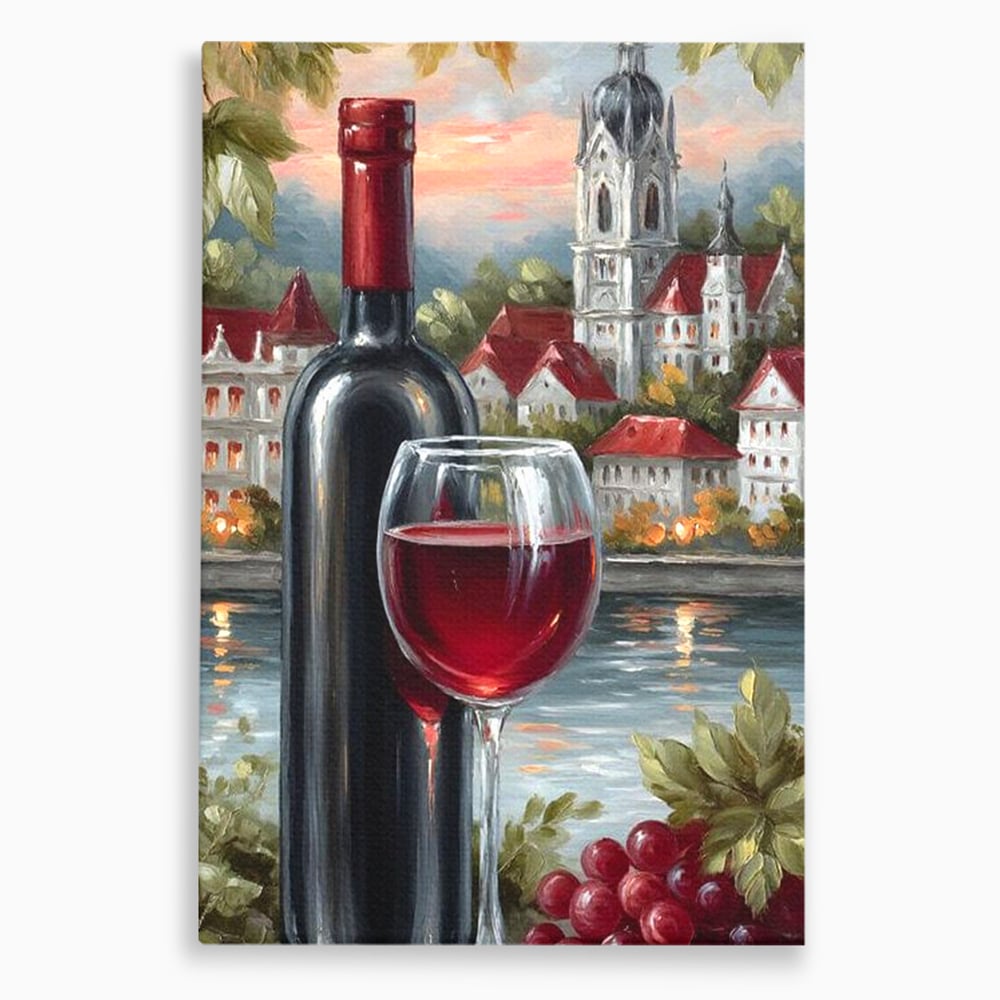 Tablou canvas cu pictura cu sticla de vin si oras, fara rama, pe sasiu de lemn