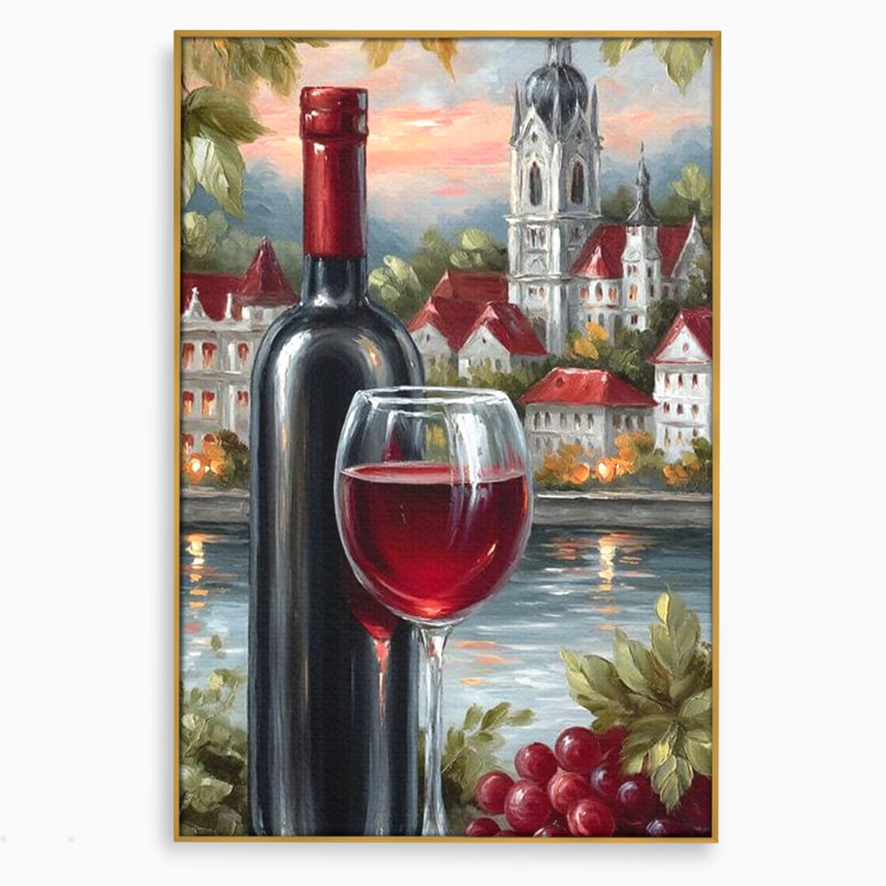 Tablou canvas cu pictura cu sticla de vin si oras, in rama de aluminiu auriu