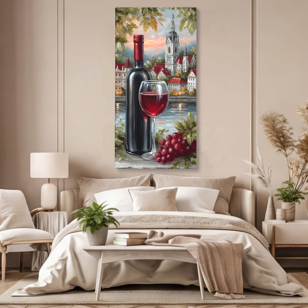 Tablou canvas cu pictura cu sticla de vin si oras, fara rama, pe sasiu de lemn, pe perete intr-un dormitor