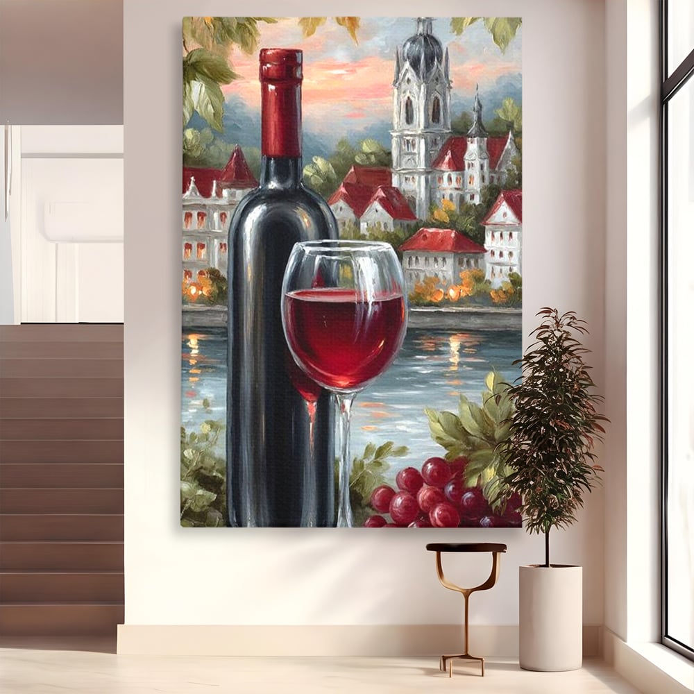 Tablou canvas cu pictura cu sticla de vin si oras, fara rama, pe sasiu de lemn
