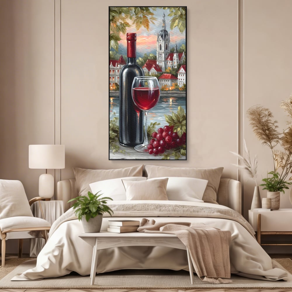 Tablou canvas cu pictura cu sticla de vin si oras, in rama de aluminiu negru, pe perete intr-un dormitor