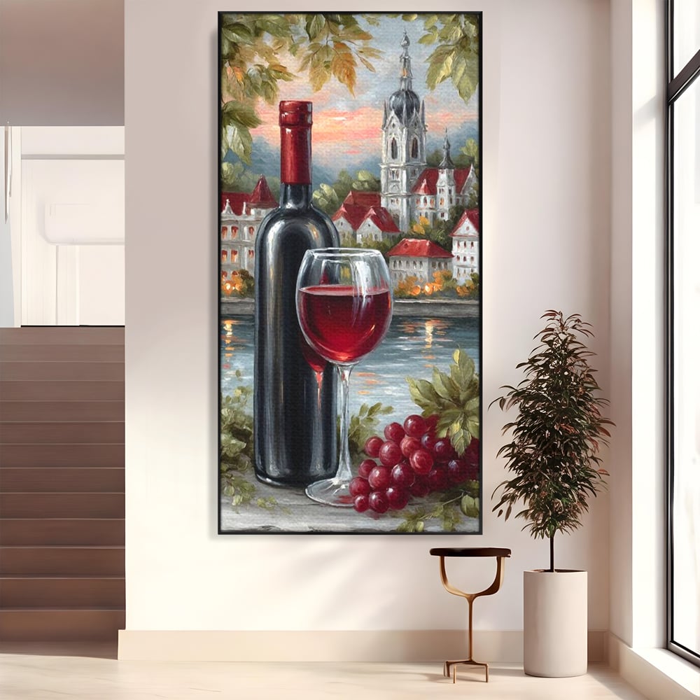 Tablou canvas cu pictura cu sticla de vin si oras, in rama de aluminiu negru