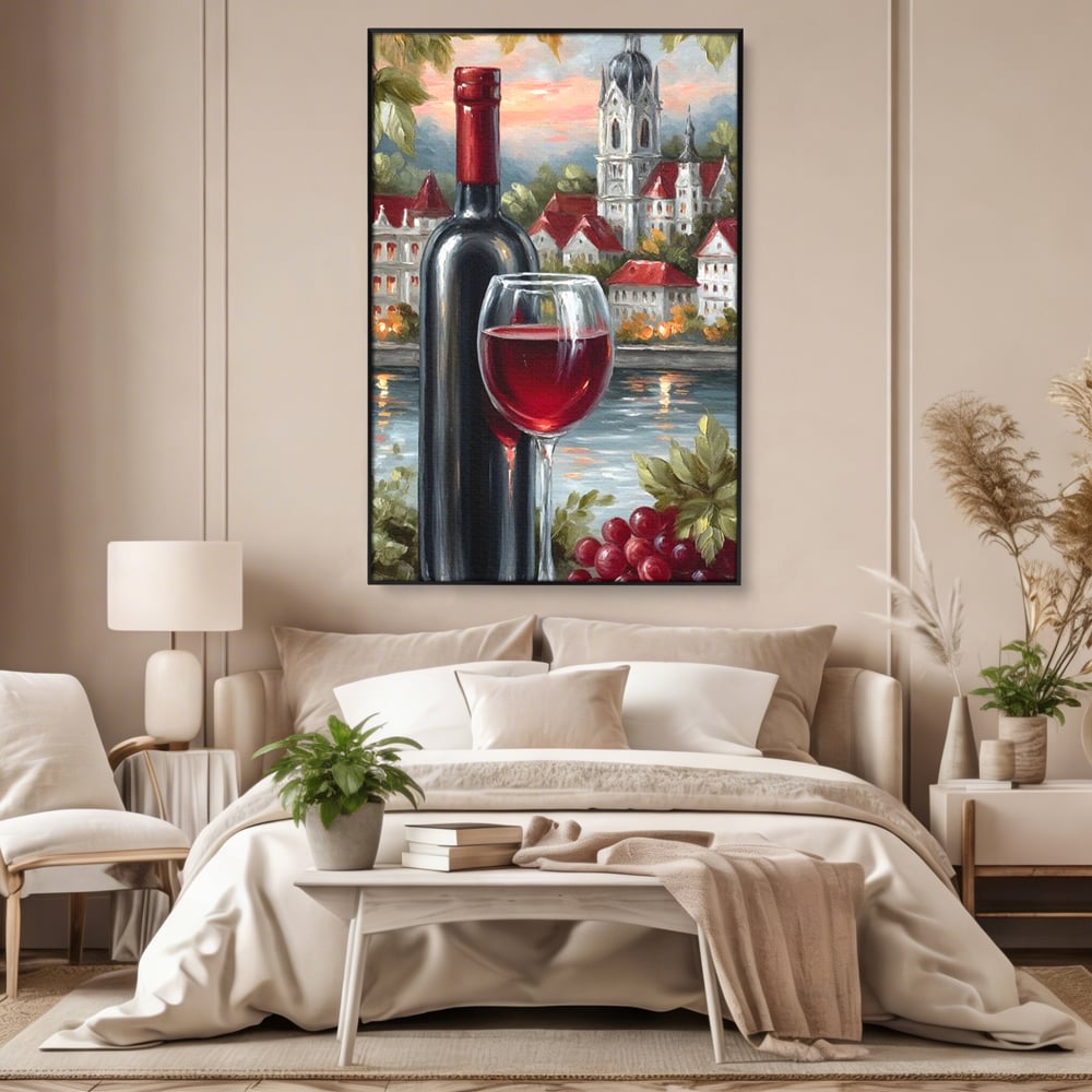 Tablou canvas cu pictura cu sticla de vin si oras, in rama de aluminiu negru, pe perete intr-un dormitor