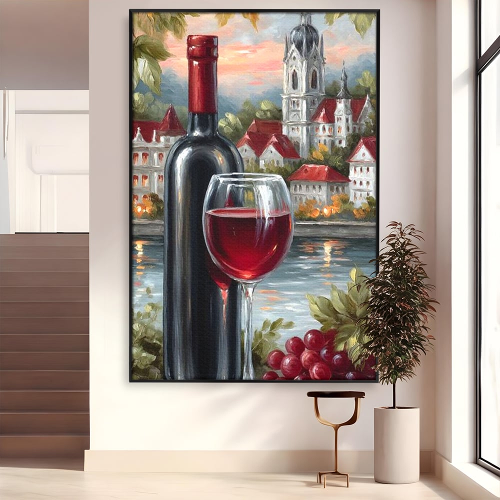 Tablou canvas cu pictura cu sticla de vin si oras, in rama de aluminiu negru