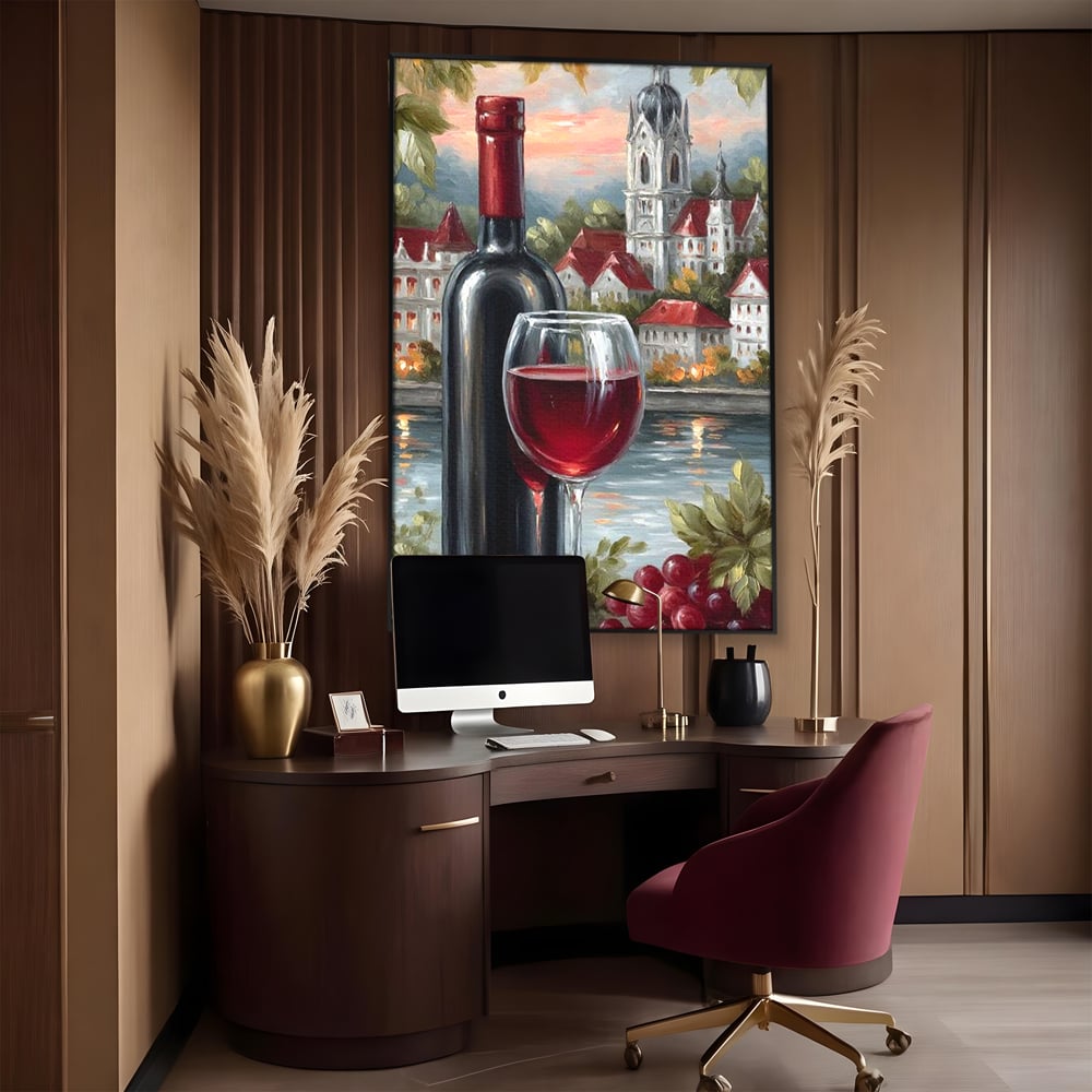 Tablou canvas cu pictura cu sticla de vin si oras, in rama de aluminiu negru, pe perete intr-un birou