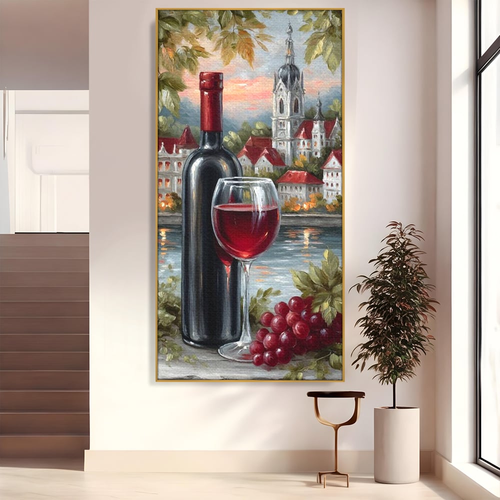 Tablou canvas cu pictura cu sticla de vin si oras, in rama de aluminiu auriu
