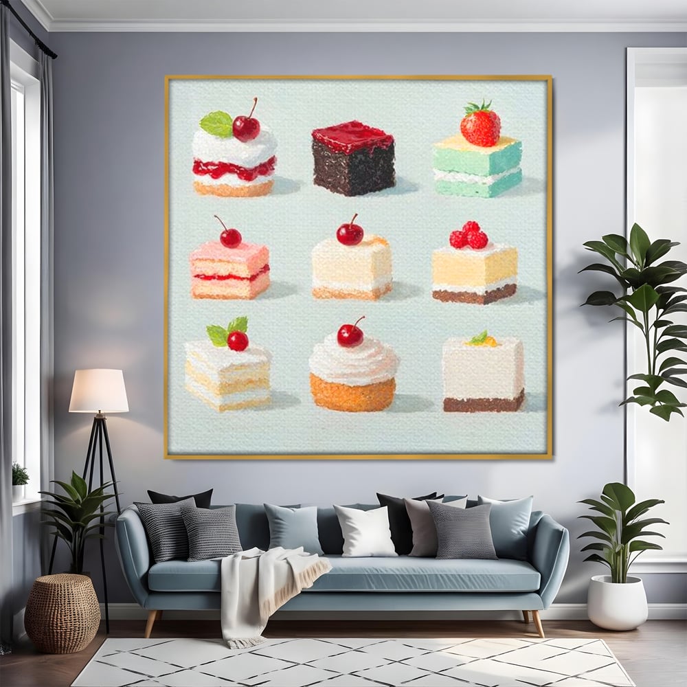 Tablou canvas cu pictura cu prajituri si fructe, in rama de aluminiu auriu, pe perete intr-un living