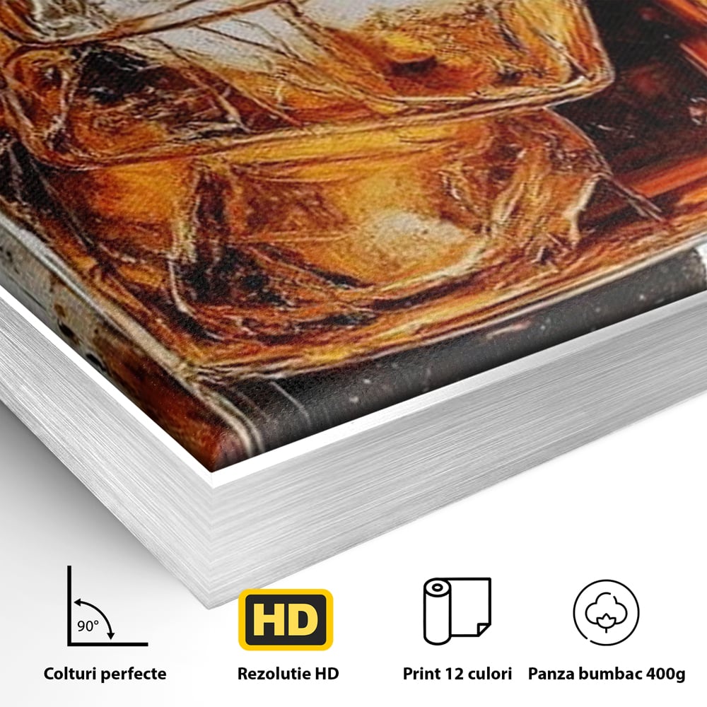 Detaliu al suprafetei: tablou canvas cu pahar de whisky si gheata, in rama de aluminiu argintiu