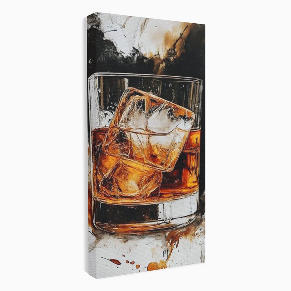 Tablou canvas cu tablou canvas cu pahar de whisky si gheata, fara rama, pe sasiu de lemn
