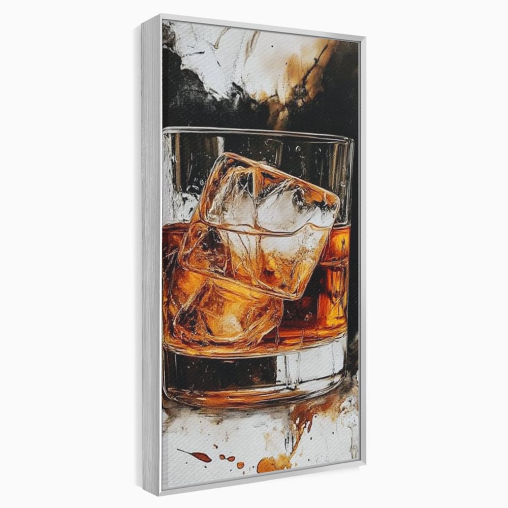 Tablou canvas cu tablou canvas cu pahar de whisky si gheata, in rama de aluminiu argintiu