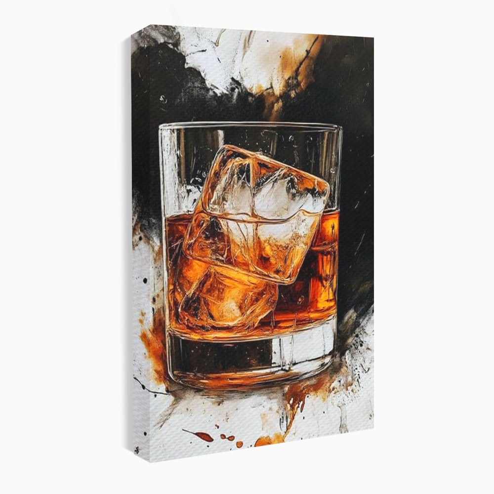 Tablou canvas cu tablou canvas cu pahar de whisky si gheata, fara rama, pe sasiu de lemn