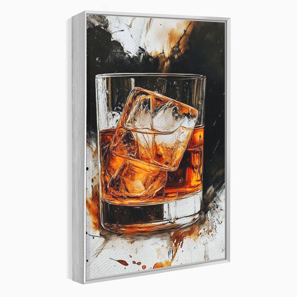 Tablou canvas cu tablou canvas cu pahar de whisky si gheata, in rama de aluminiu argintiu