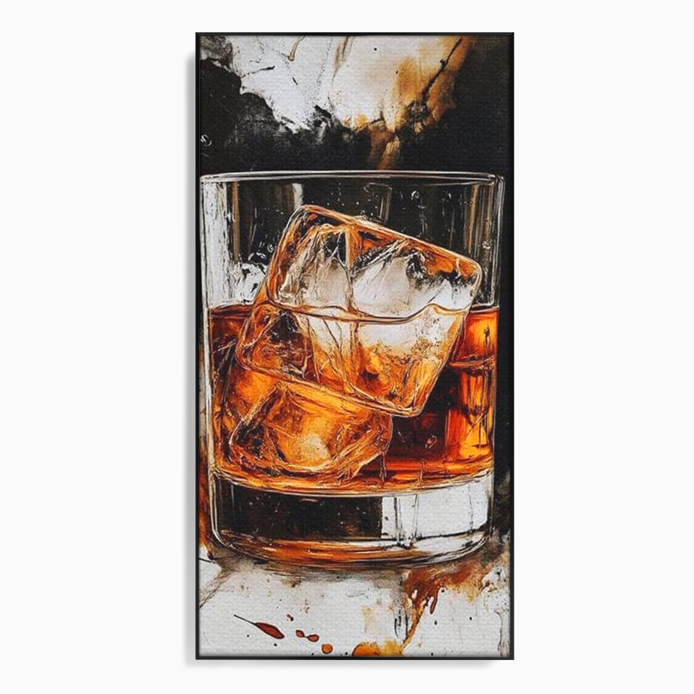 Tablou canvas cu tablou canvas cu pahar de whisky si gheata, in rama de aluminiu negru