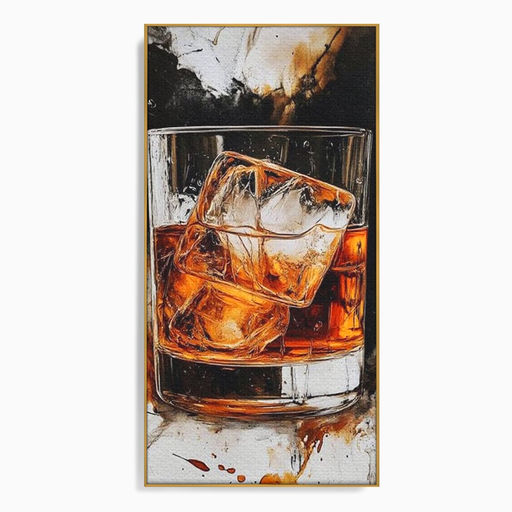 Tablou canvas cu tablou canvas cu pahar de whisky si gheata, in rama de aluminiu auriu