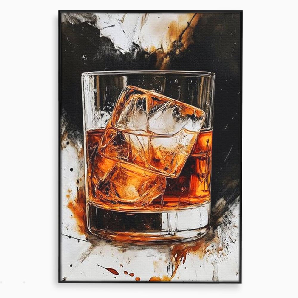 Tablou canvas cu tablou canvas cu pahar de whisky si gheata, in rama de aluminiu negru