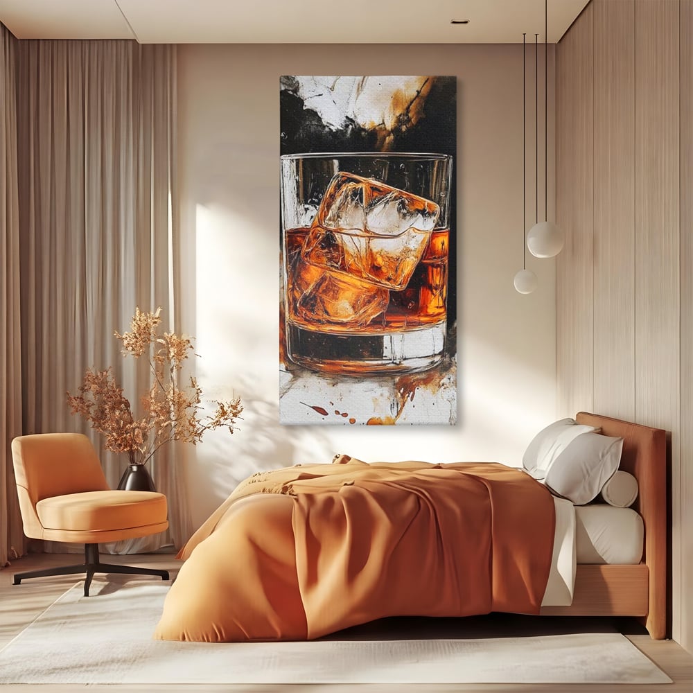 Tablou canvas cu tablou canvas cu pahar de whisky si gheata, fara rama, pe sasiu de lemn, pe perete intr-un dormitor