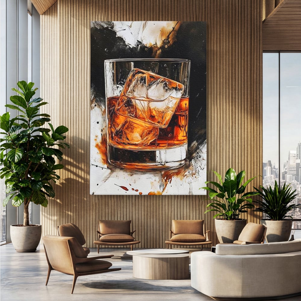 Tablou canvas cu tablou canvas cu pahar de whisky si gheata, fara rama, pe sasiu de lemn, pe perete intr-un birou