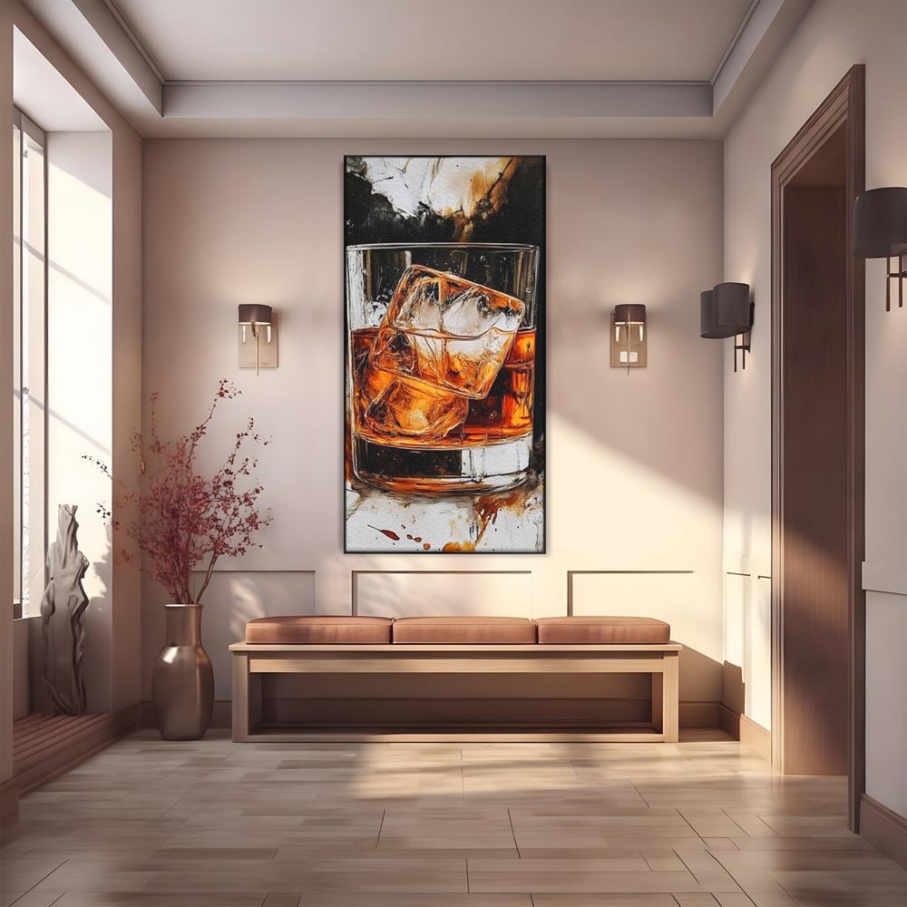 Tablou canvas cu tablou canvas cu pahar de whisky si gheata, in rama de aluminiu negru