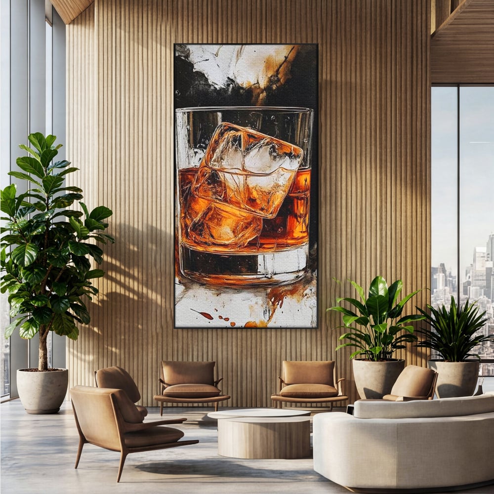 Tablou canvas cu tablou canvas cu pahar de whisky si gheata, in rama de aluminiu negru, pe perete intr-un birou