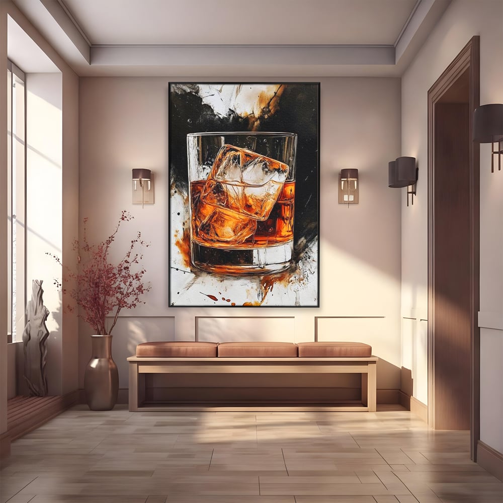 Tablou canvas cu tablou canvas cu pahar de whisky si gheata, in rama de aluminiu negru