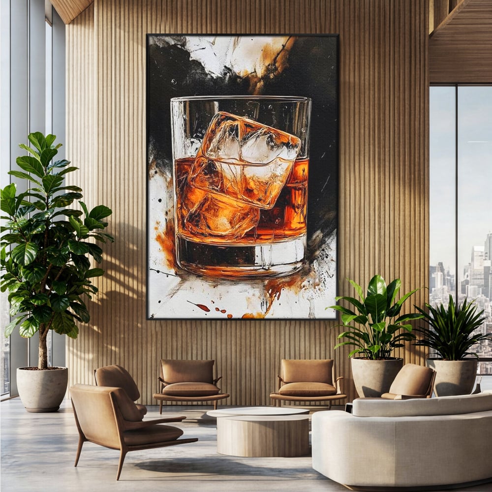 Tablou canvas cu tablou canvas cu pahar de whisky si gheata, in rama de aluminiu negru, pe perete intr-un birou